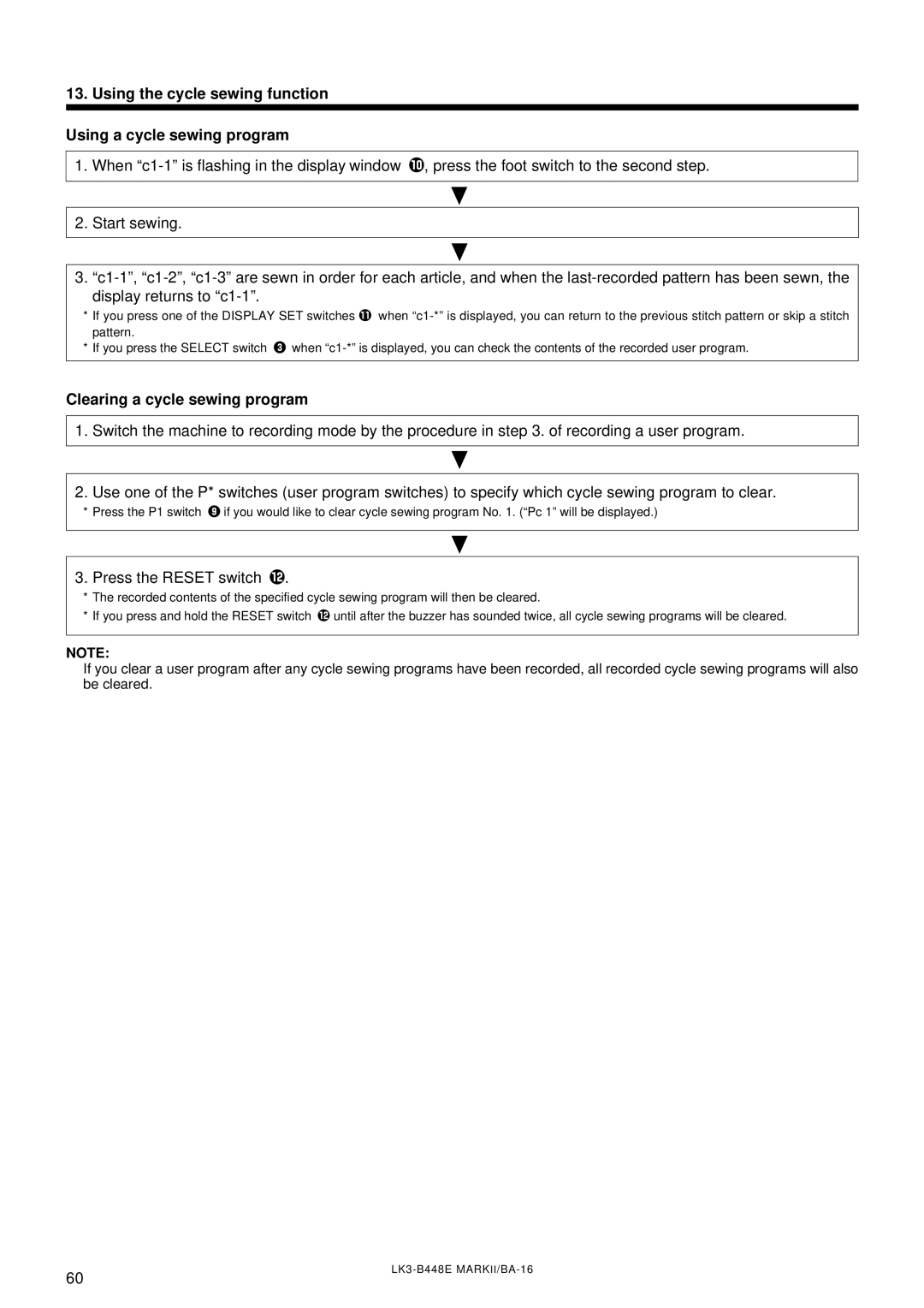 Brother LK3-B448E Using the cycle sewing function Using a cycle sewing program, Clearing a cycle sewing program 