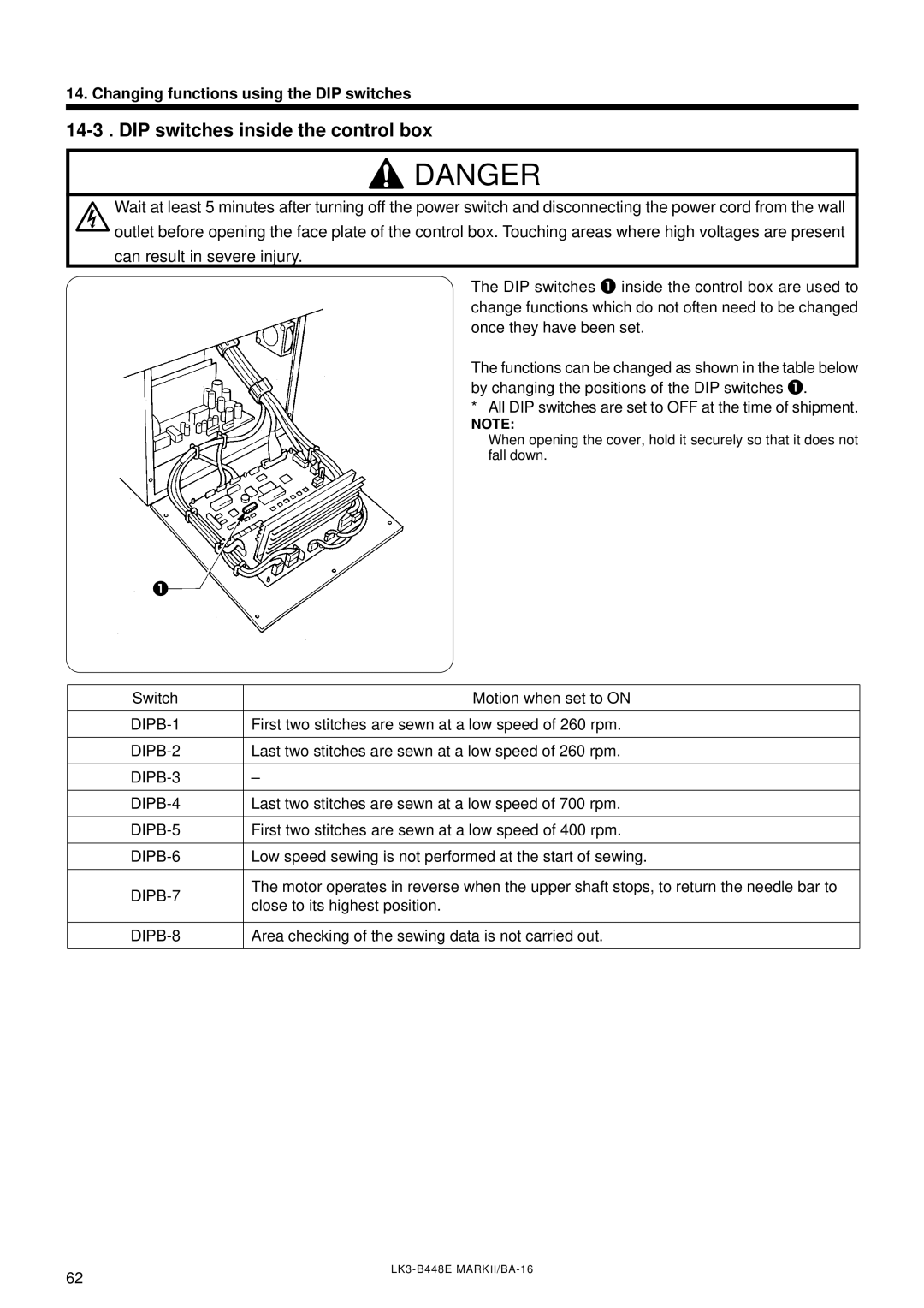 Brother LK3-B448E instruction manual DIP switches inside the control box 