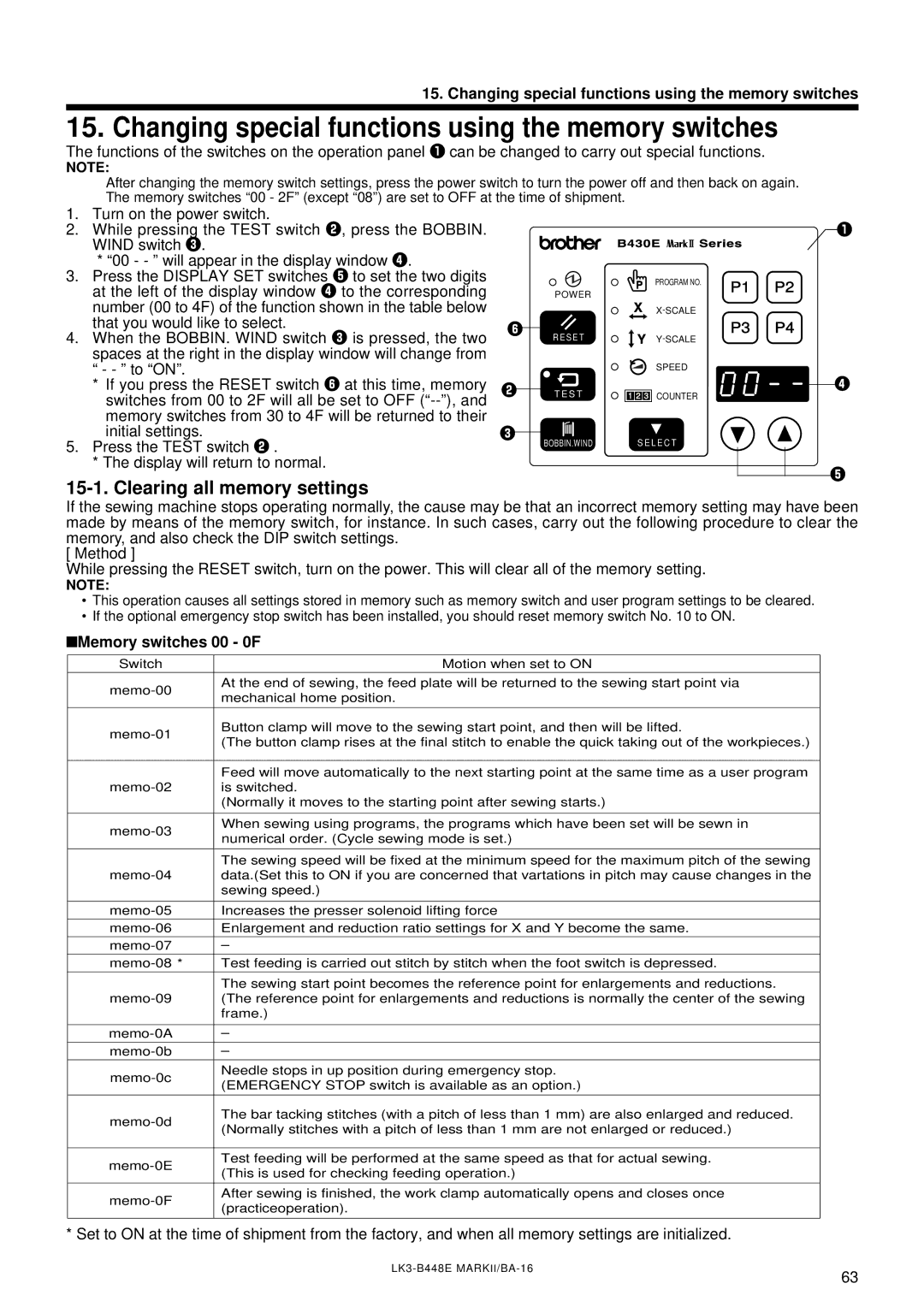 Brother LK3-B448E Clearing all memory settings, Changing special functions using the memory switches, P1 P2 P3 P4 