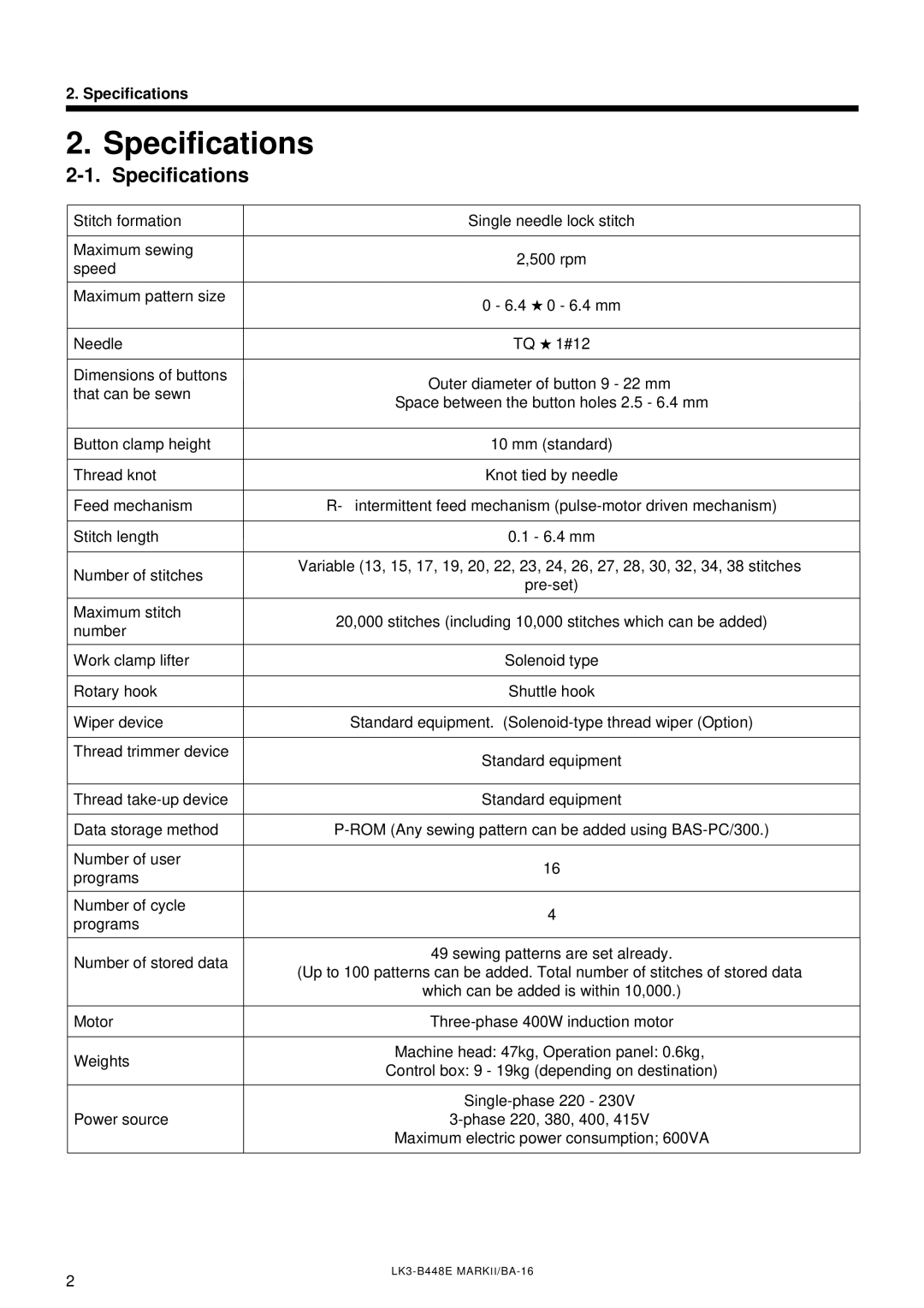 Brother LK3-B448E instruction manual Specifications, Needle 