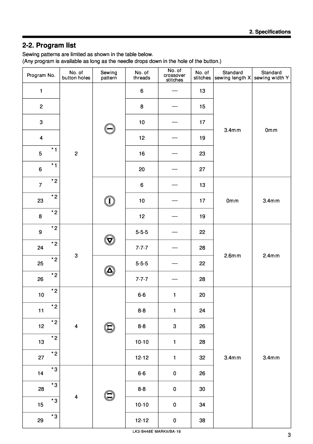 Brother LK3-B448E instruction manual Program list, Specifications, Sewing patterns are limited as shown in the table below 