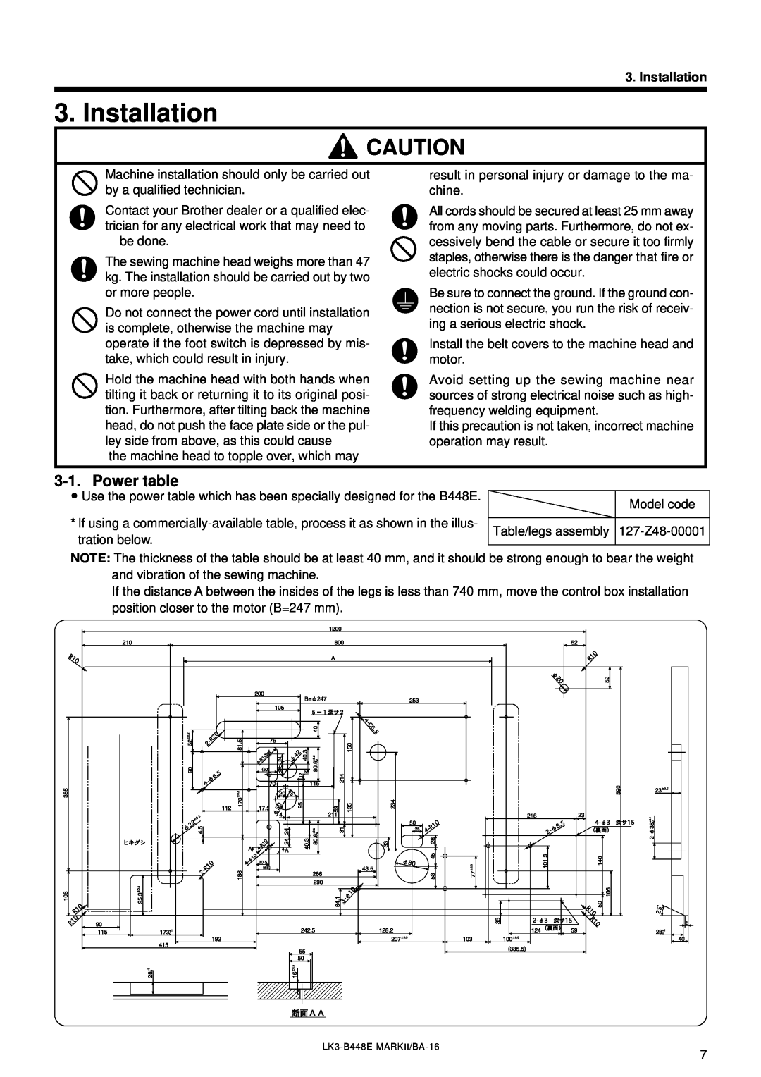 Brother LK3-B448E instruction manual Installation, Power table 