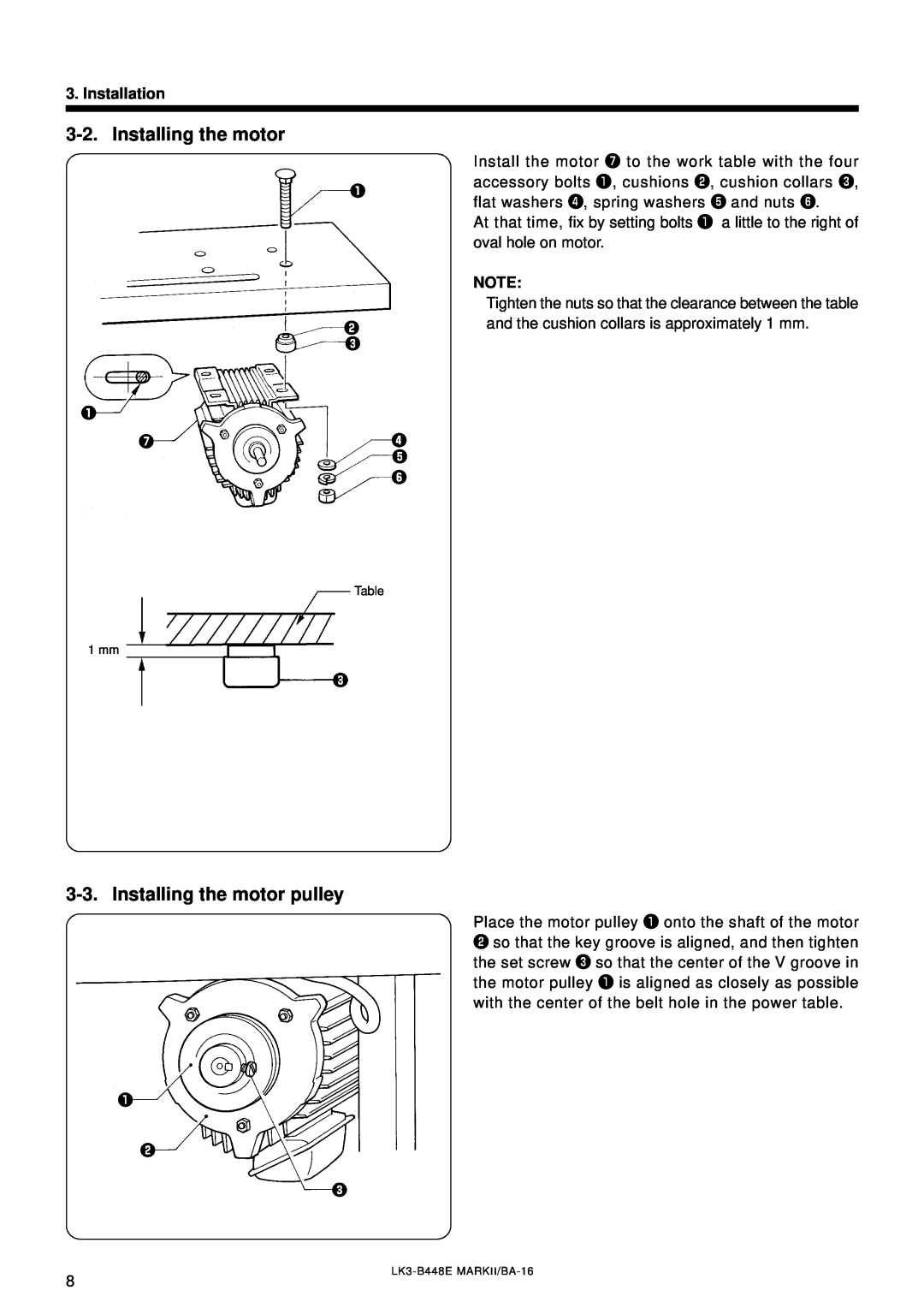 Brother LK3-B448E instruction manual Installing the motor pulley, Installation, 1 mm 