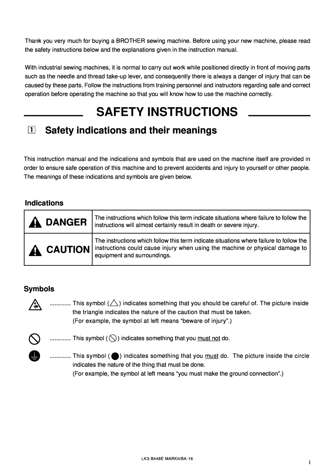 Brother LK3-B448E z Safety indications and their meanings, Danger, Indications, Symbols, Safety Instructions 