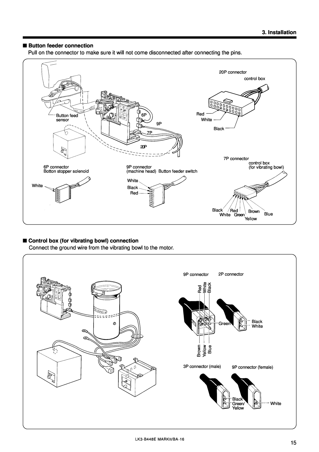 Brother LK3-B448E instruction manual Installation Button feeder connection, Control box for vibrating bowl connection 