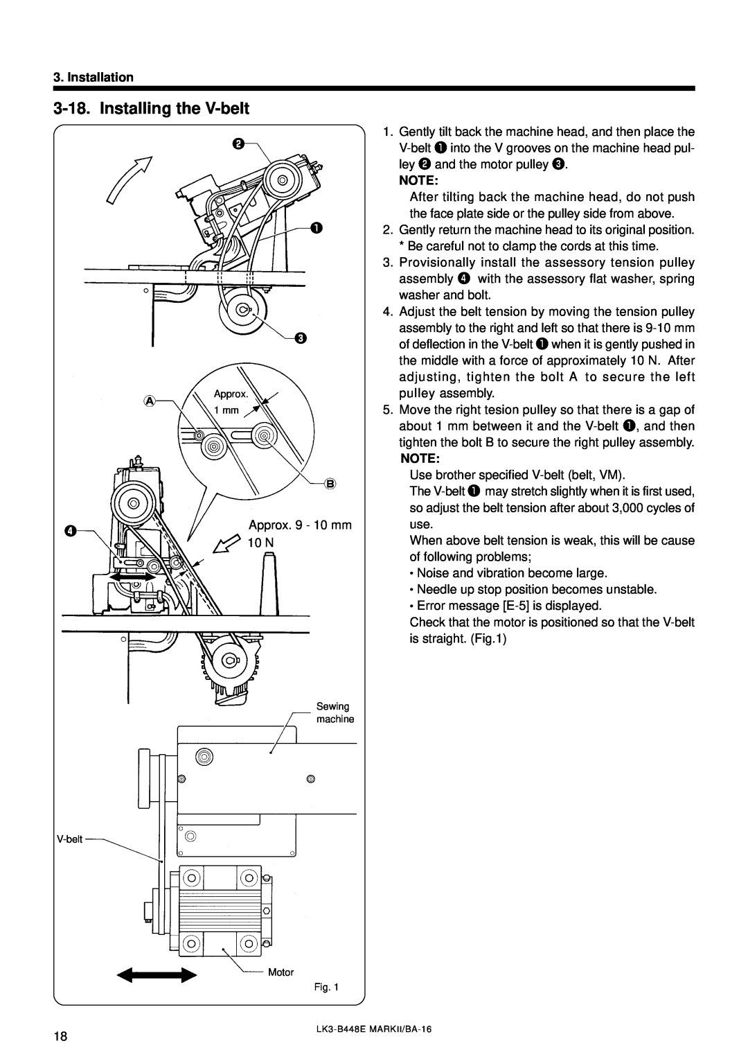 Brother LK3-B448E instruction manual Installing the V-belt, Installation 
