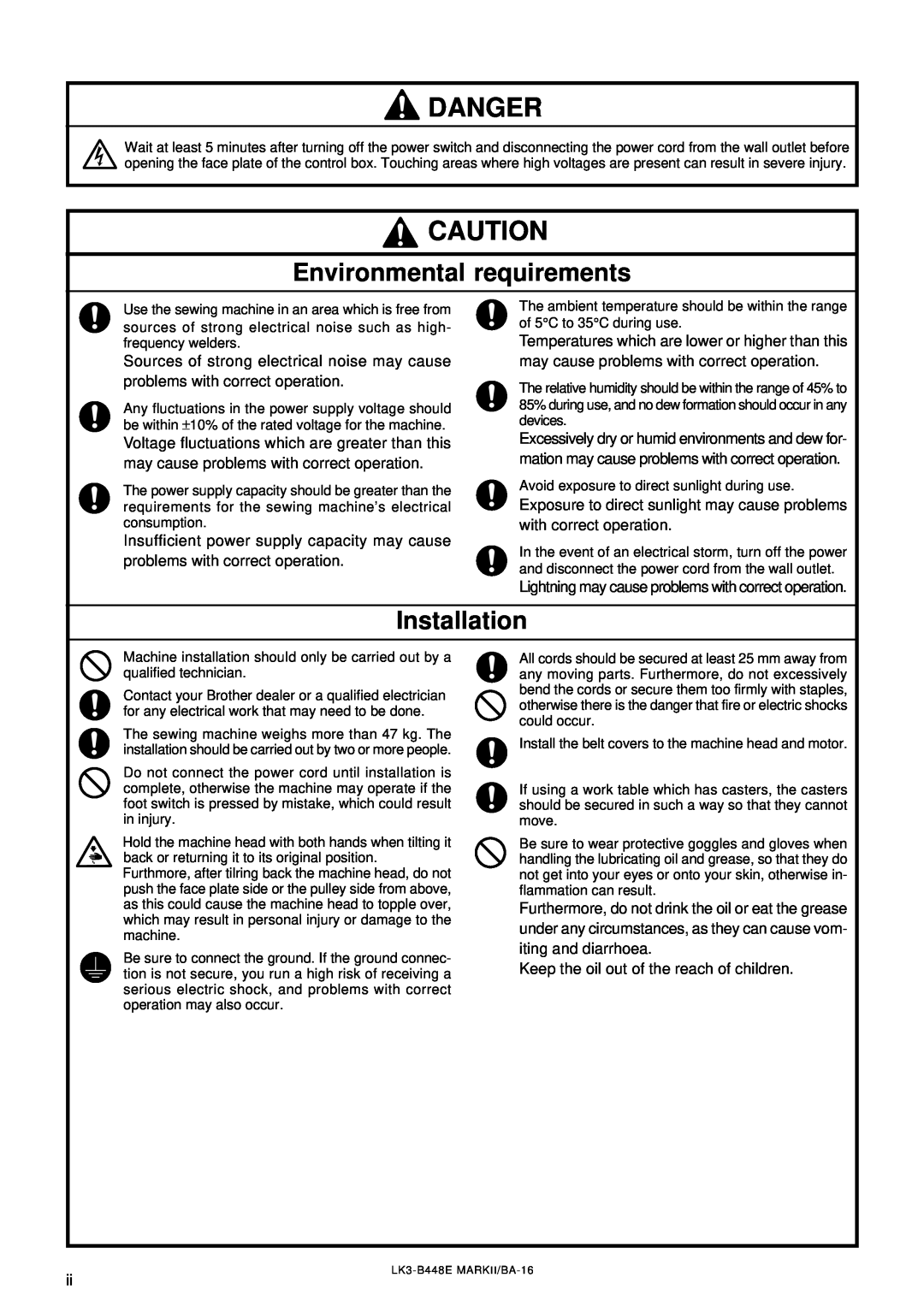 Brother LK3-B448E instruction manual Environmental requirements, Installation, Danger 