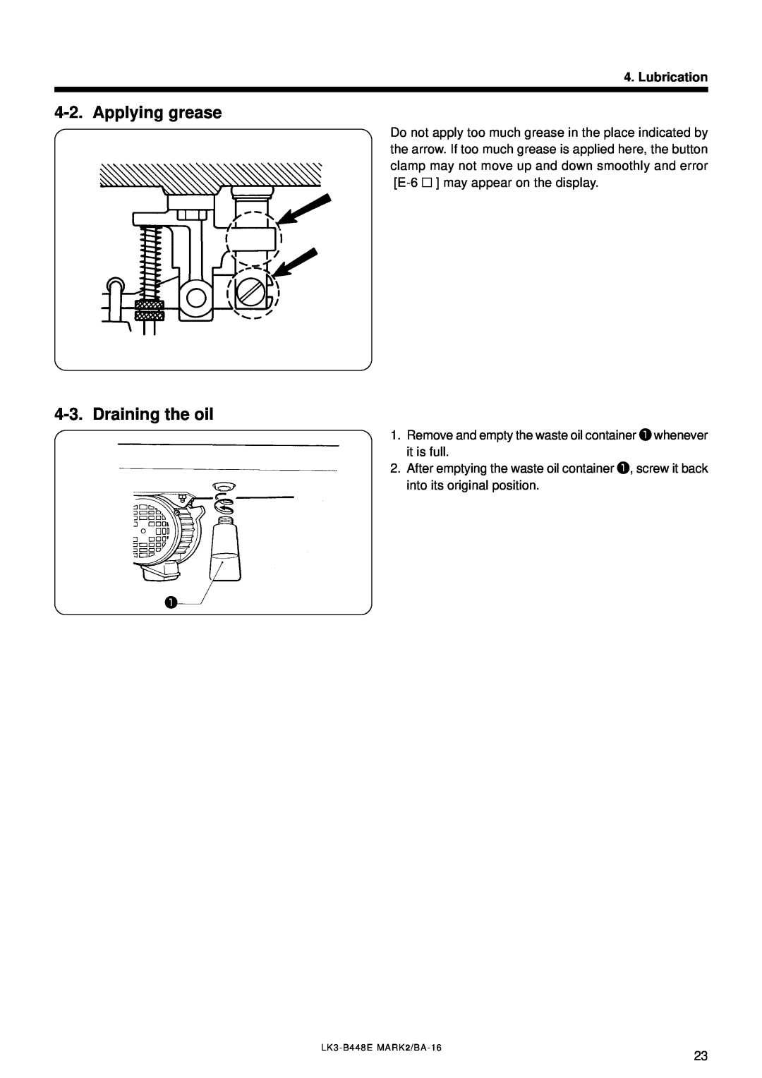 Brother LK3-B448E instruction manual Applying grease, Draining the oil, Lubrication 