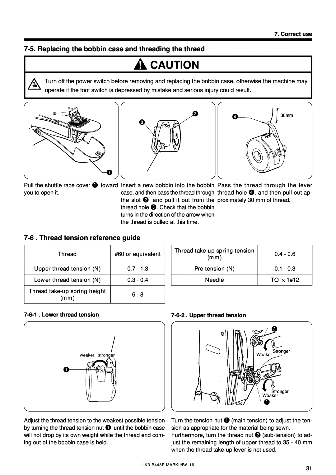 Brother LK3-B448E Replacing the bobbin case and threading the thread, Thread tension reference guide, Lower thread tension 