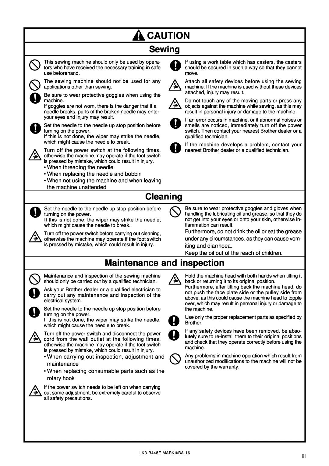Brother LK3-B448E instruction manual Sewing, Cleaning, Maintenance and inspection 