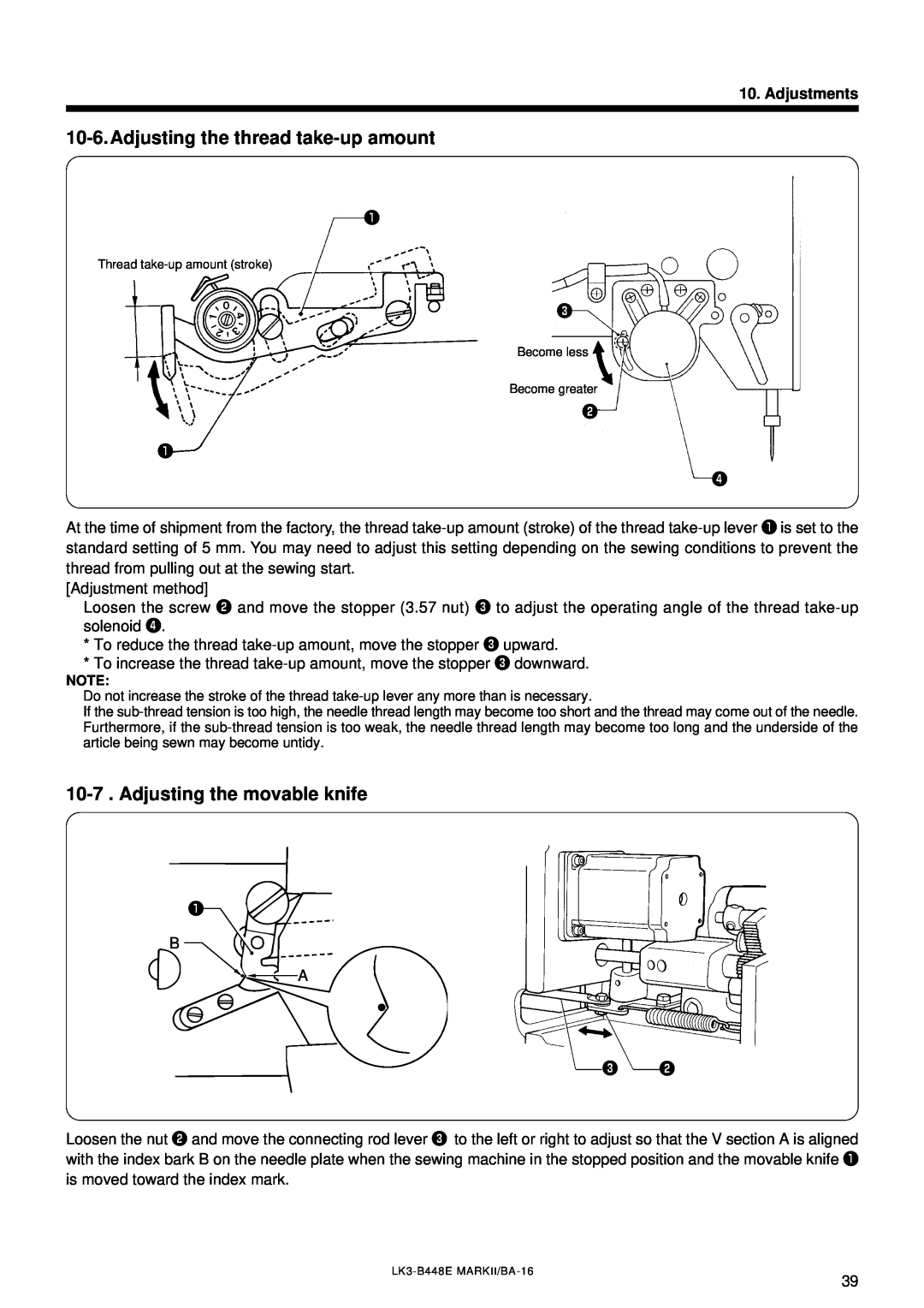 Brother LK3-B448E instruction manual Adjusting the thread take-up amount, Adjusting the movable knife, Adjustments 