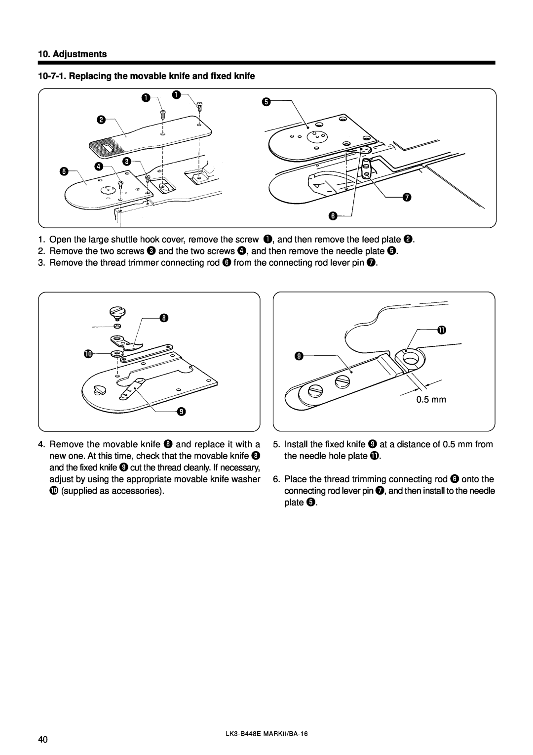 Brother LK3-B448E instruction manual Adjustments 10-7-1. Replacing the movable knife and fixed knife 