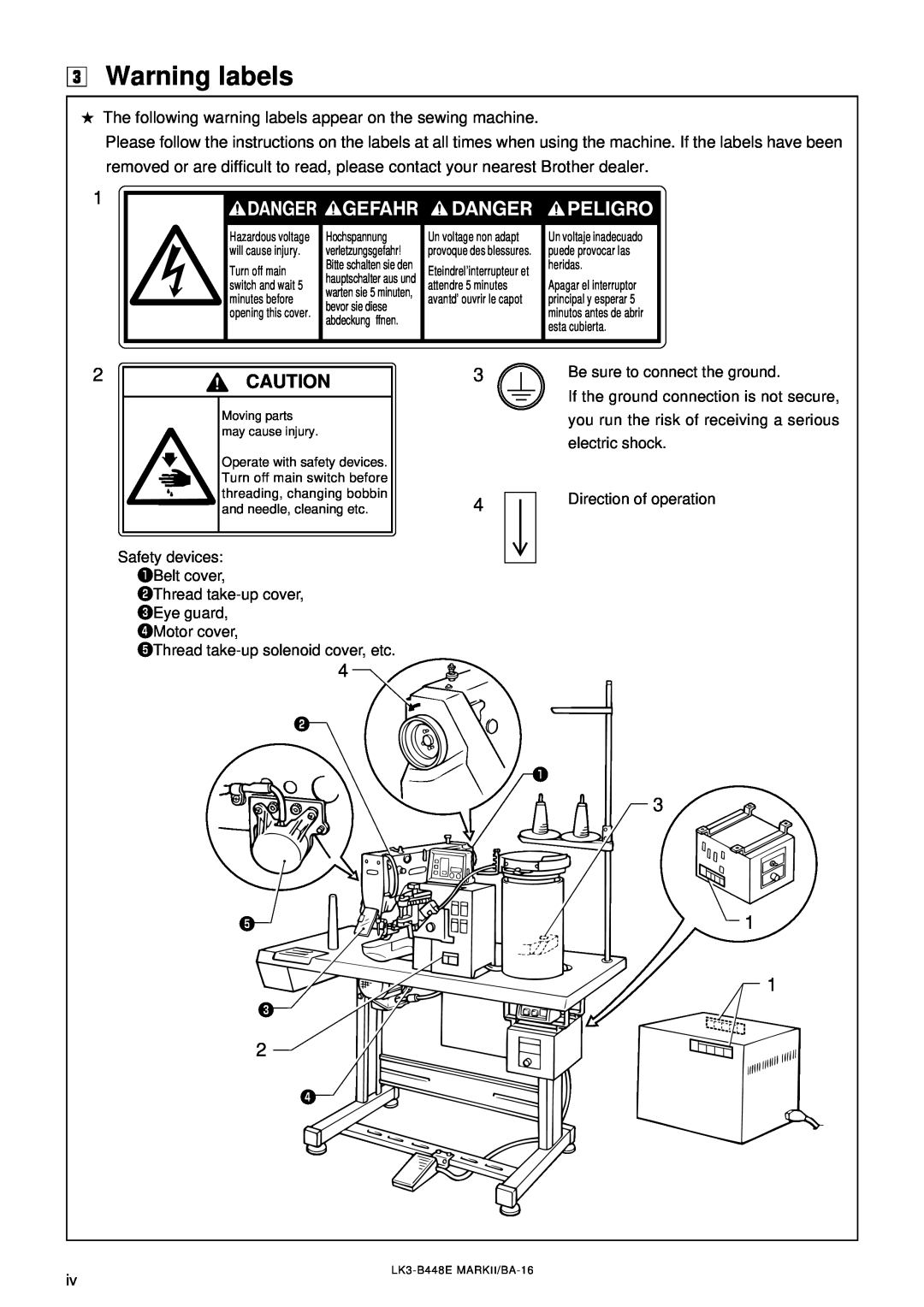 Brother c Warning labels, The following warning labels appear on the sewing machine, LK3-B448E MARKII/BA-16 