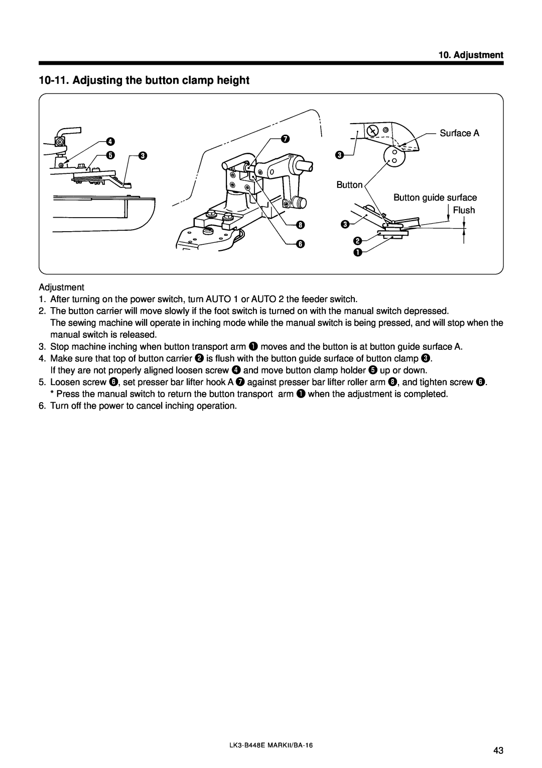 Brother LK3-B448E instruction manual Adjusting the button clamp height, Adjustment 