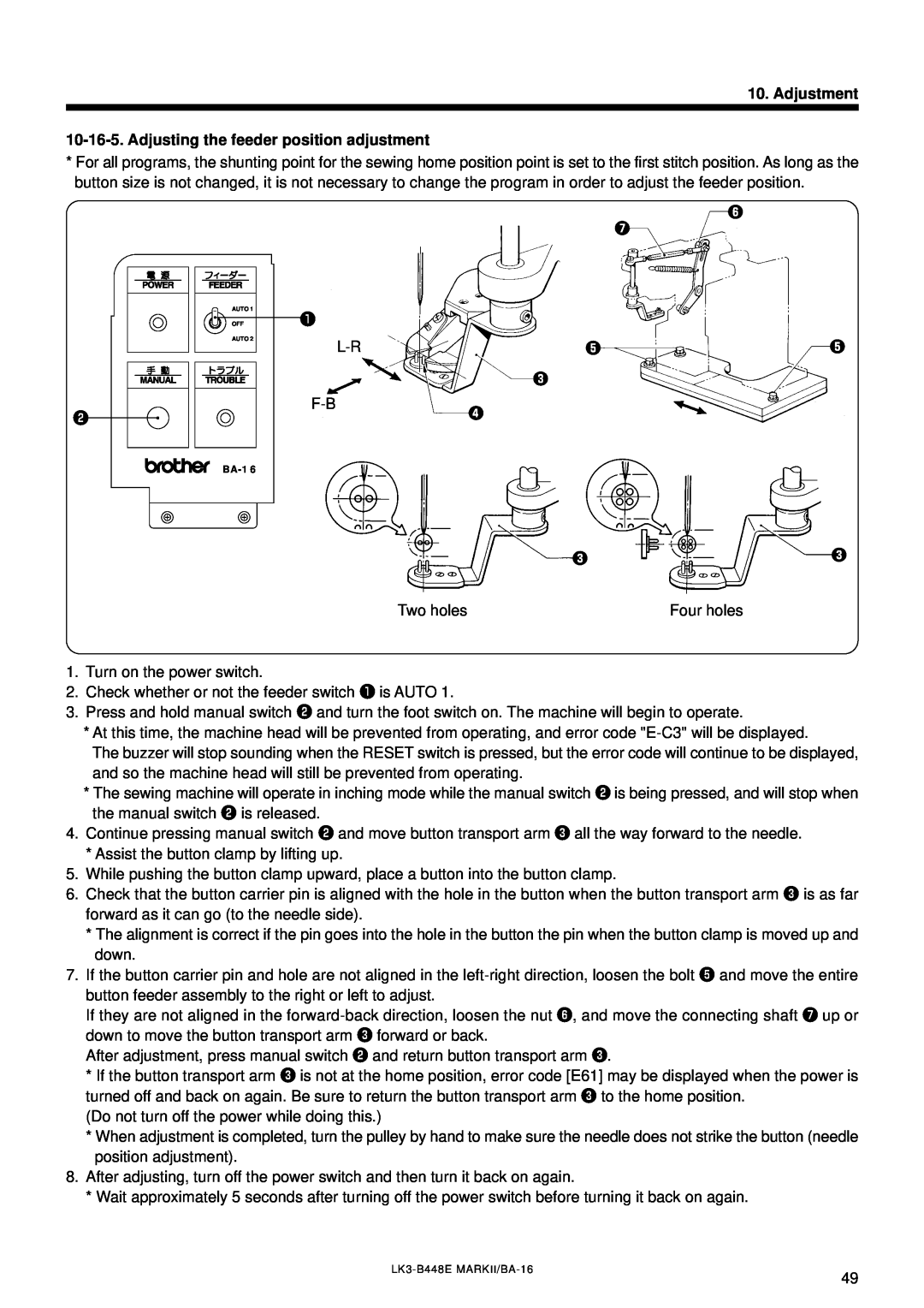 Brother LK3-B448E instruction manual Adjustment 10-16-5. Adjusting the feeder position adjustment, AUTO OFFq AUTO 