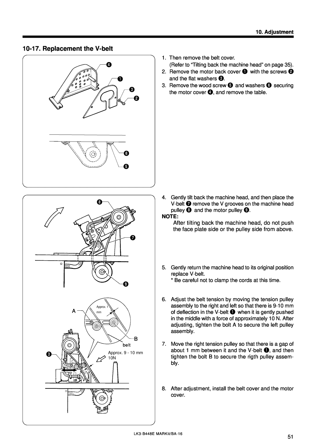 Brother LK3-B448E instruction manual Replacement the V-belt, Adjustment 