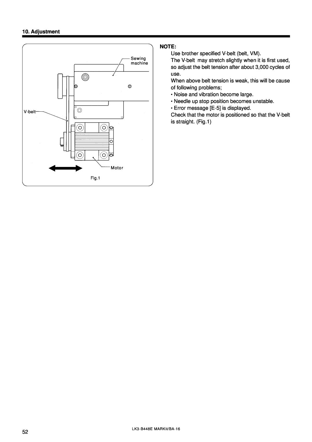 Brother LK3-B448E instruction manual Adjustment, Sewing machine V-belt, Motor 