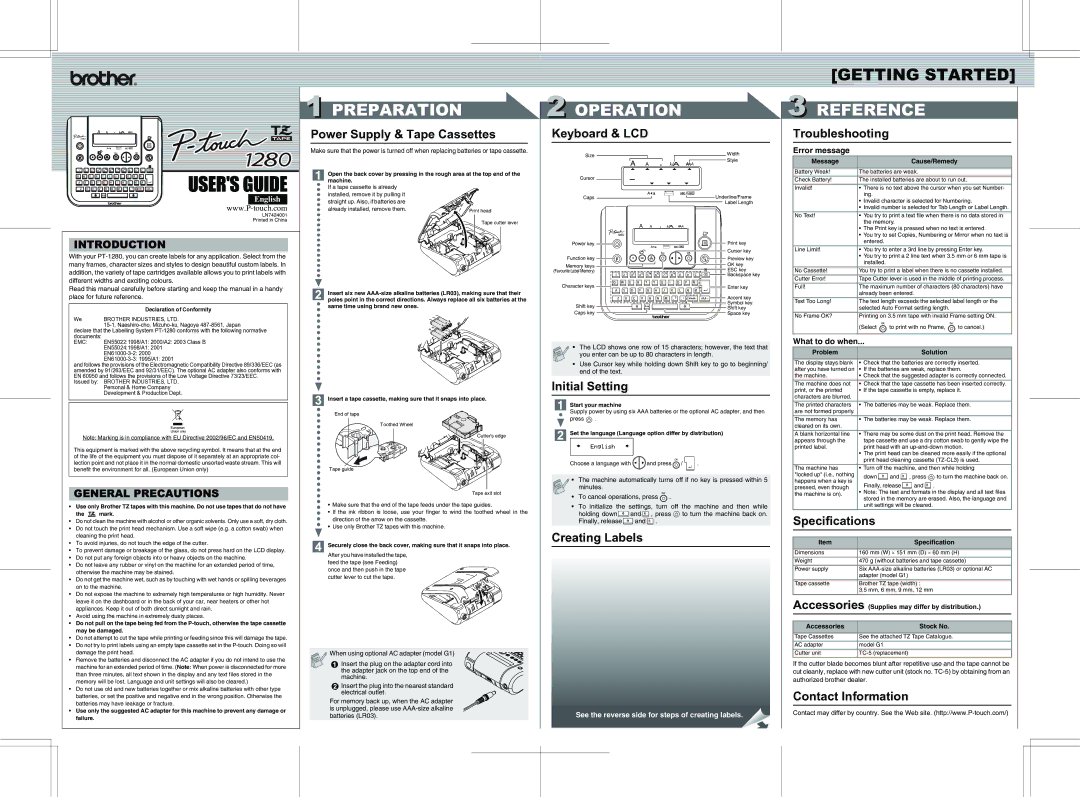 Brother LN7424001 specifications Preparation, Operation, Reference 