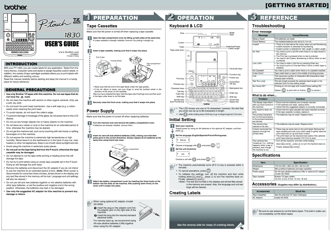 Brother LN7808001 specifications 1PREPARATION, Operation 