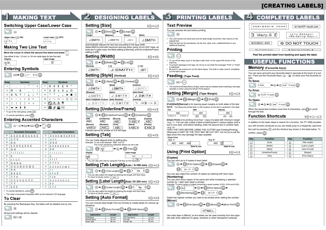 Brother LN7808001 specifications Making Text, Designing Labels, Printing Labels, Useful Functions 