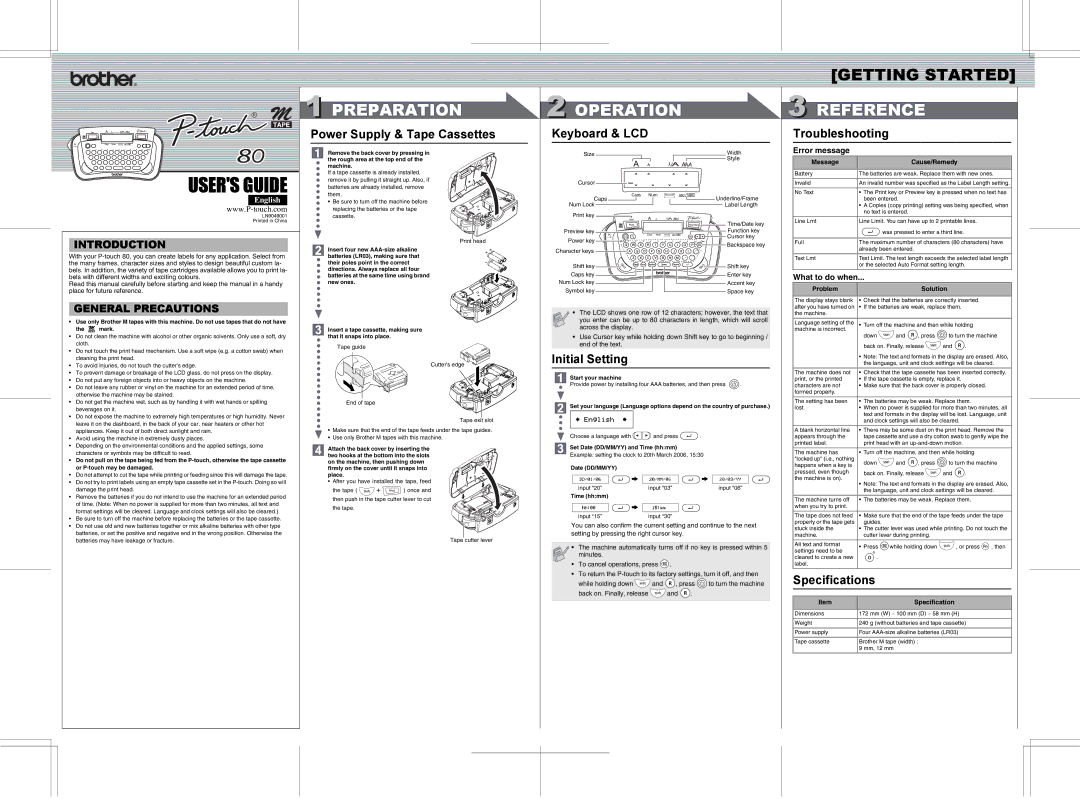 Brother LN9049001 specifications Preparation, Operation, Reference 