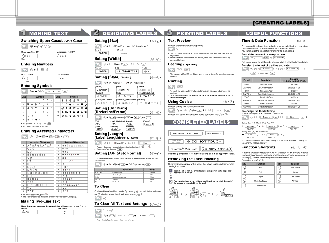 Brother LN9049001 specifications Making Text, Designing Labels, Printing Labels, Useful Functions, Completed Labels 