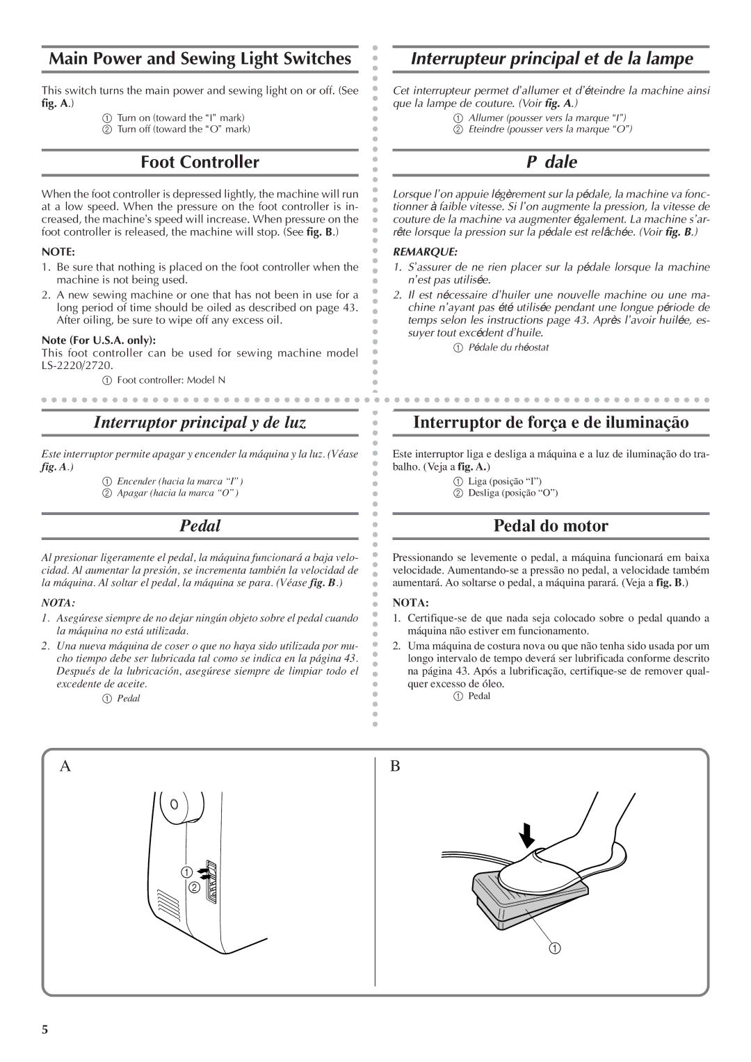 Brother LS 1520 Main Power and Sewing Light Switches, Foot Controller, Interrupteur principal et de la lampe, Pédale 