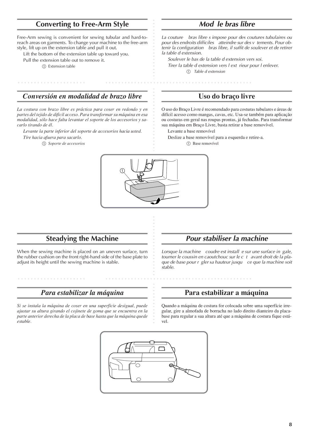 Brother LS 1520 Converting to Free-Arm Style, Modèle bras libre, Steadying the Machine, Pour stabiliser la machine 