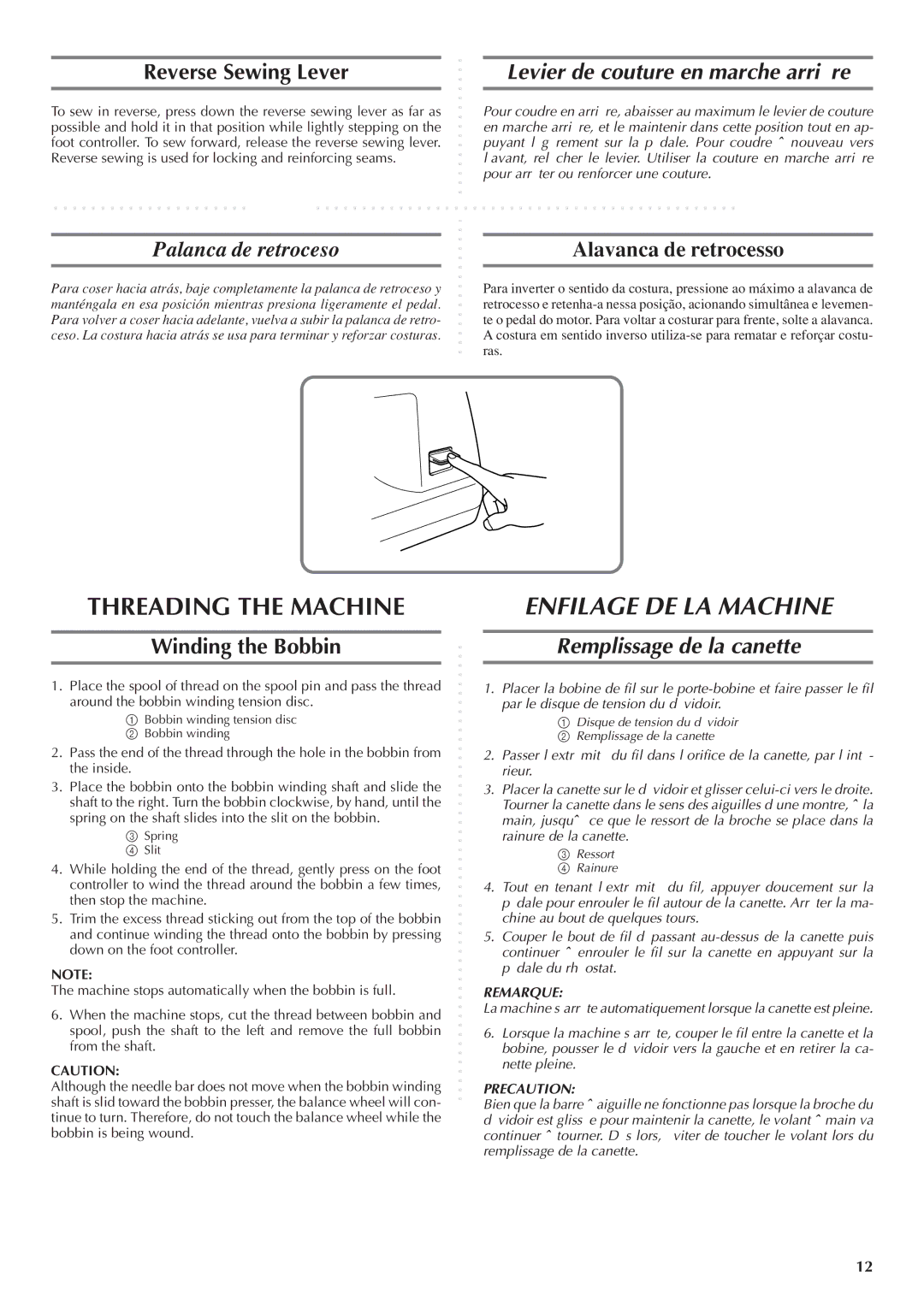 Brother LS 1520 Enfilage DE LA Machine, Reverse Sewing Lever, Levier de couture en marche arrière, Winding the Bobbin 
