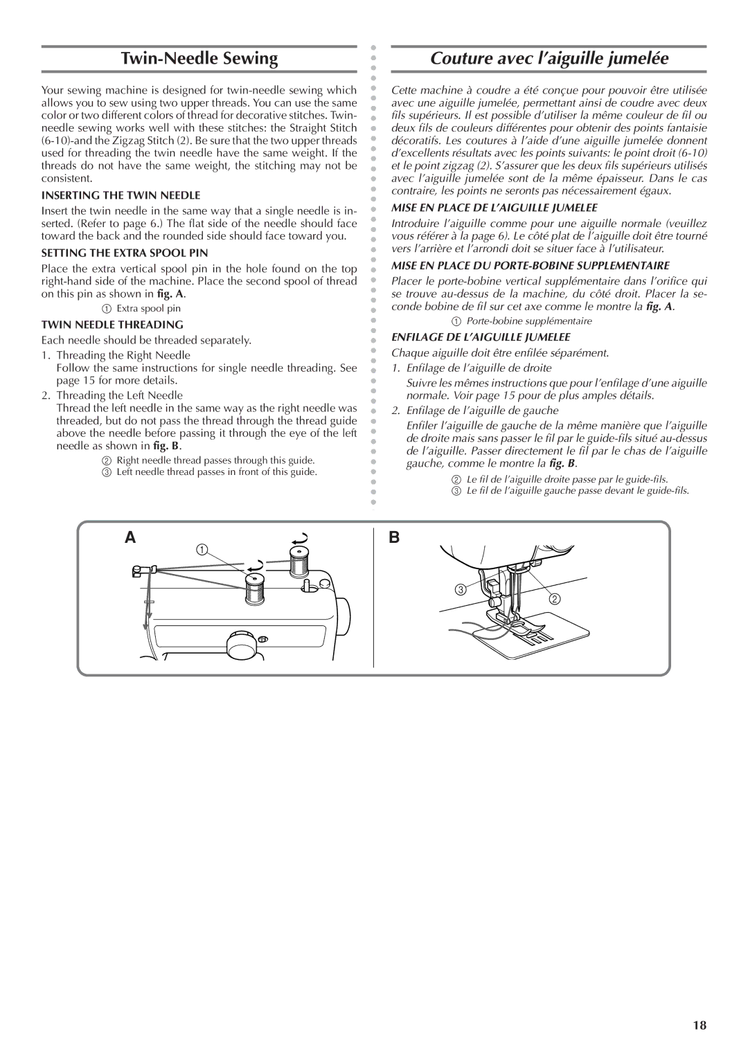 Brother LS 1520 instruction manual Twin-Needle Sewing, Couture avec l’aiguille jumelée, Mise EN Place DE L’AIGUILLE Jumelee 