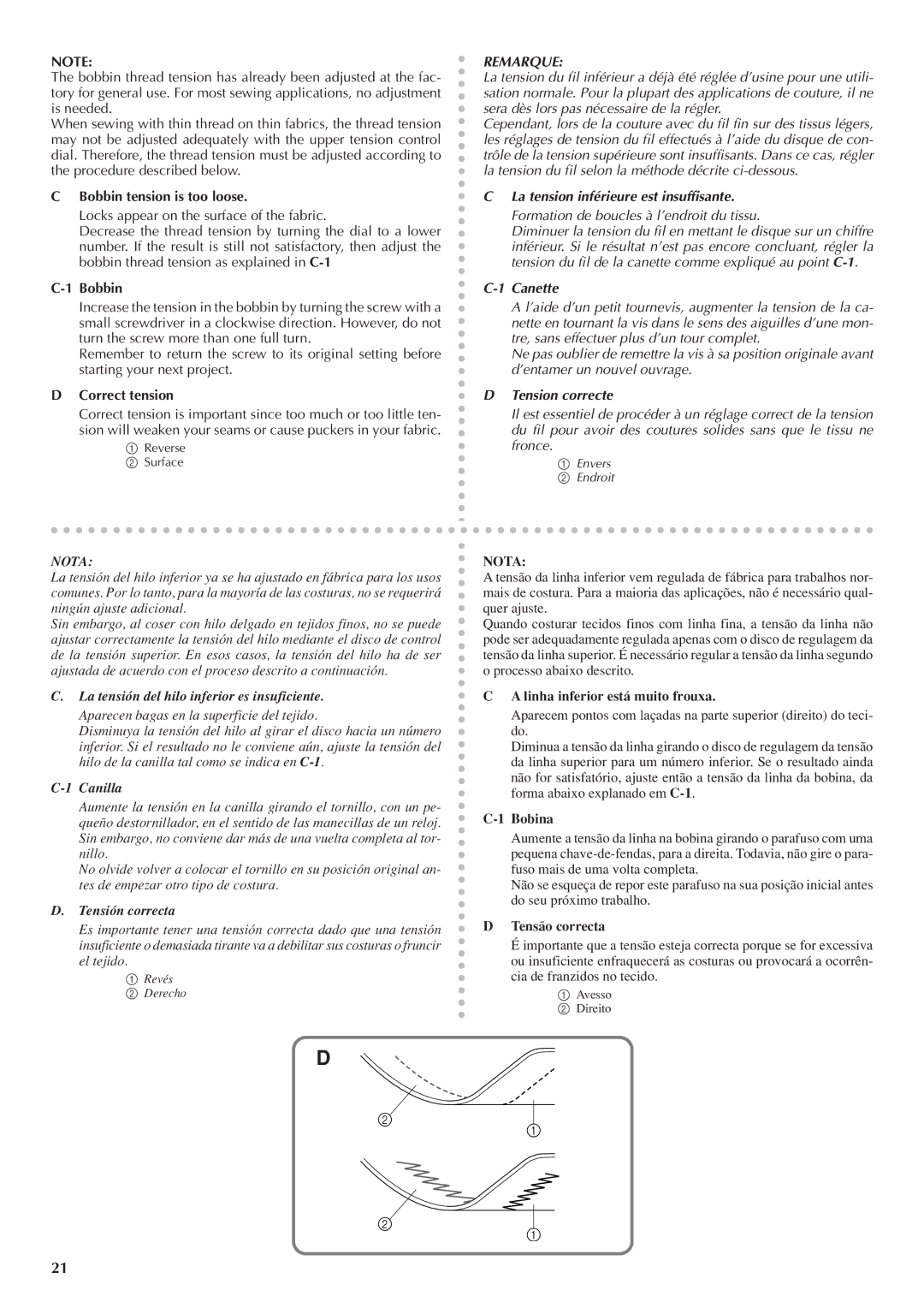 Brother LS 1520 instruction manual La tension inférieure est insuffisante 