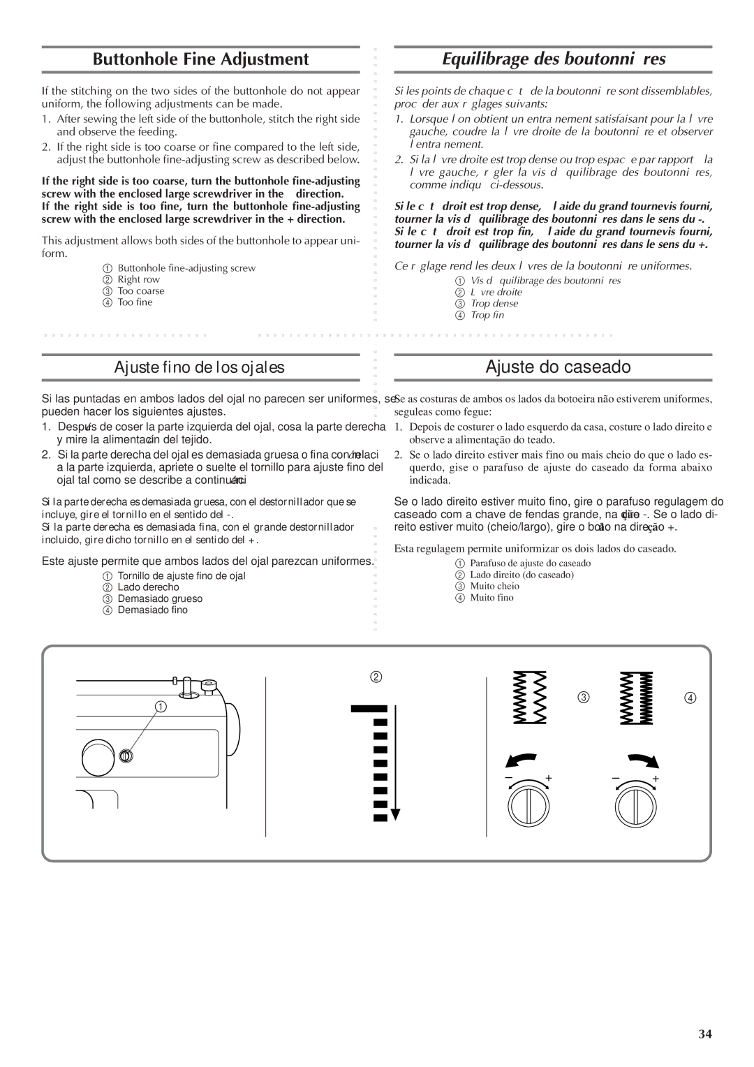 Brother LS 1520 Buttonhole Fine Adjustment, Equilibrage des boutonnières, Ajuste fino de los ojales, Ajuste do caseado 