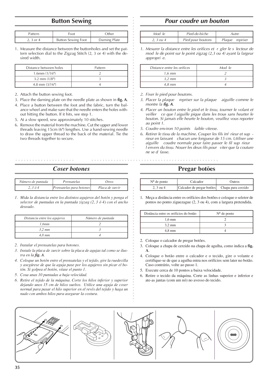 Brother LS 1520 instruction manual Button Sewing, Pour coudre un bouton, Coser botones, Pregar botões 