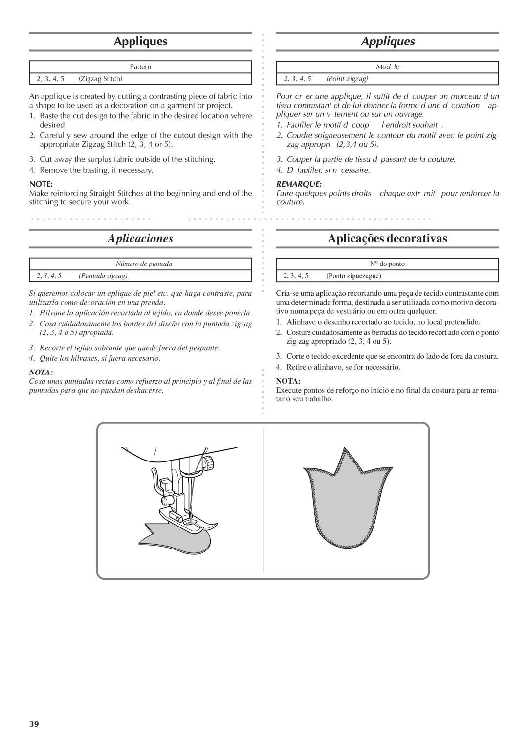 Brother LS 1520 instruction manual Appliques, Aplicaciones Aplicações decorativas 