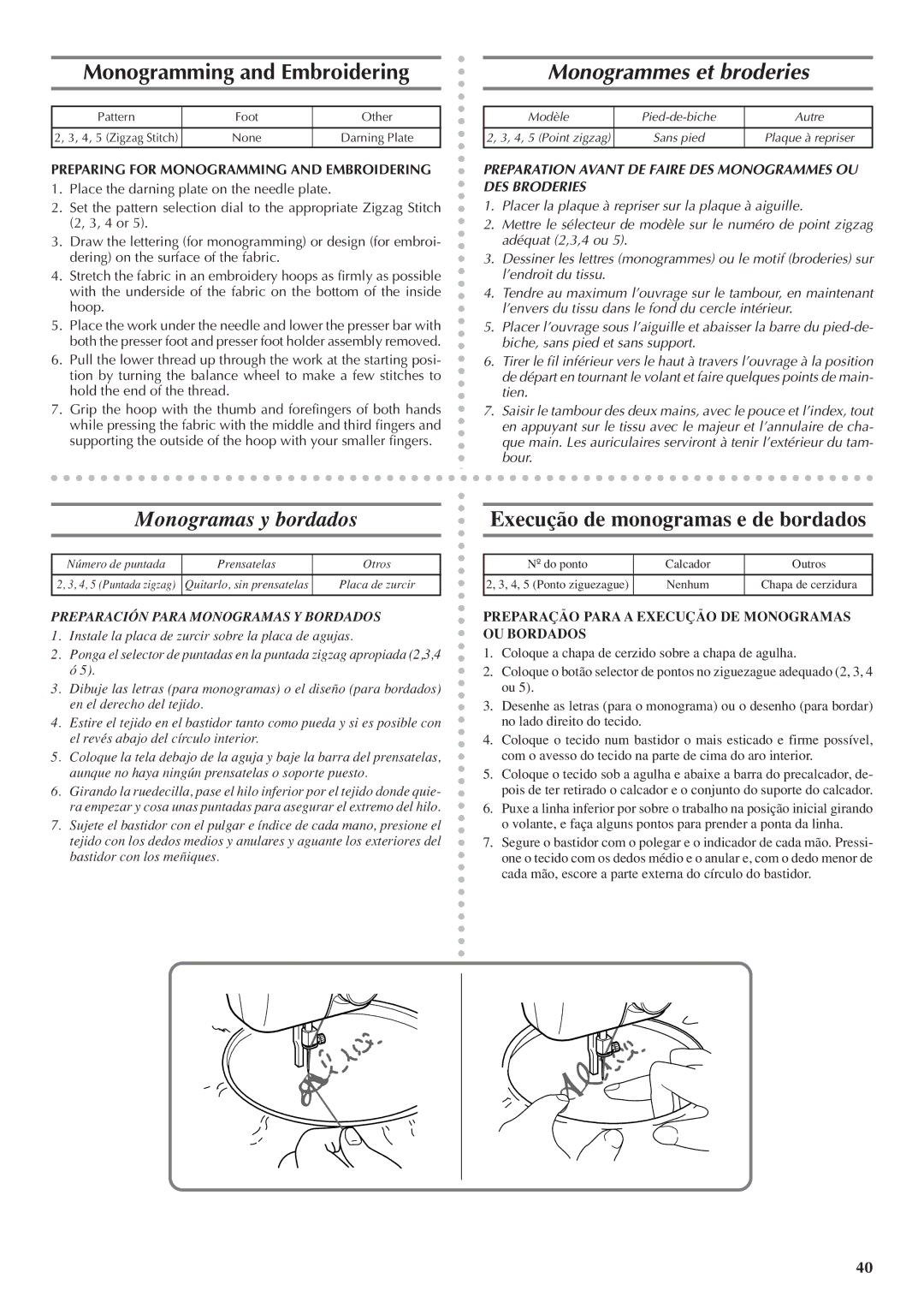 Brother LS 1520 instruction manual Monogramming and Embroidering, Monogrammes et broderies, Monogramas y bordados 