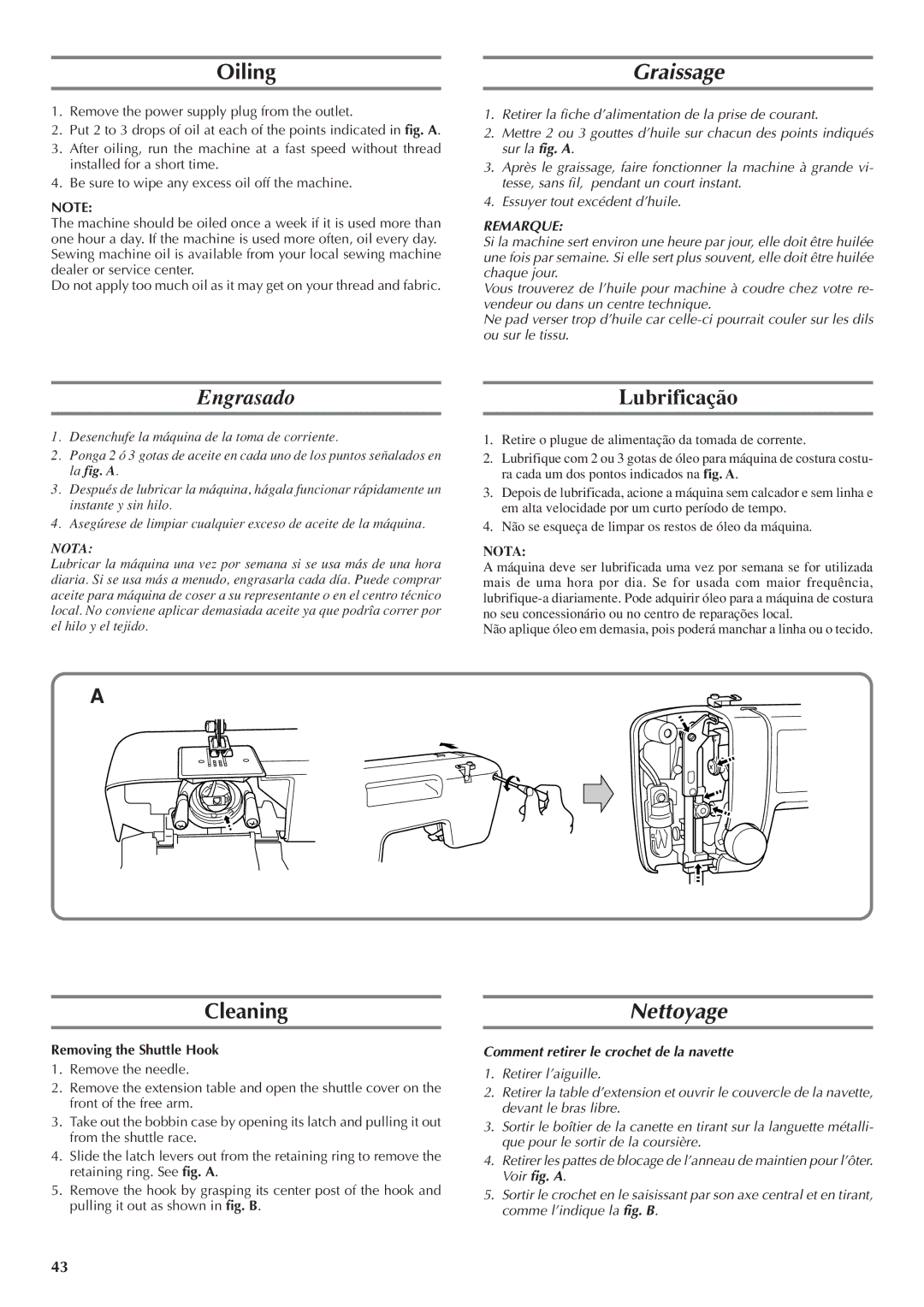 Brother LS 1520 instruction manual Oiling, Graissage, Engrasado, Cleaning, Nettoyage 