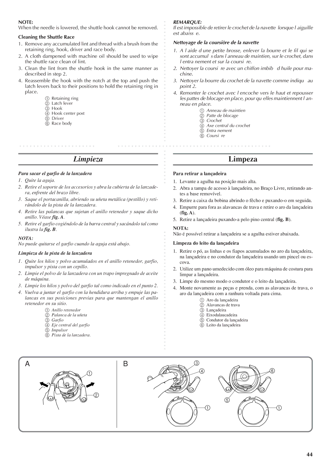 Brother LS 1520 instruction manual Limpieza Limpeza, Cleaning the Shuttle Race 