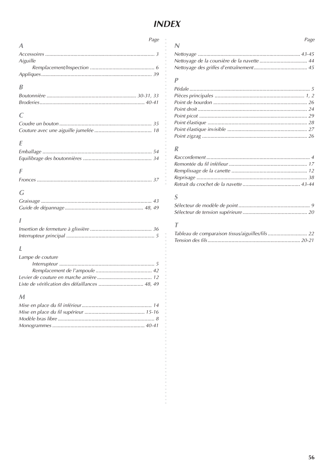 Brother LS 1520 instruction manual Index, Broderies 40-41 