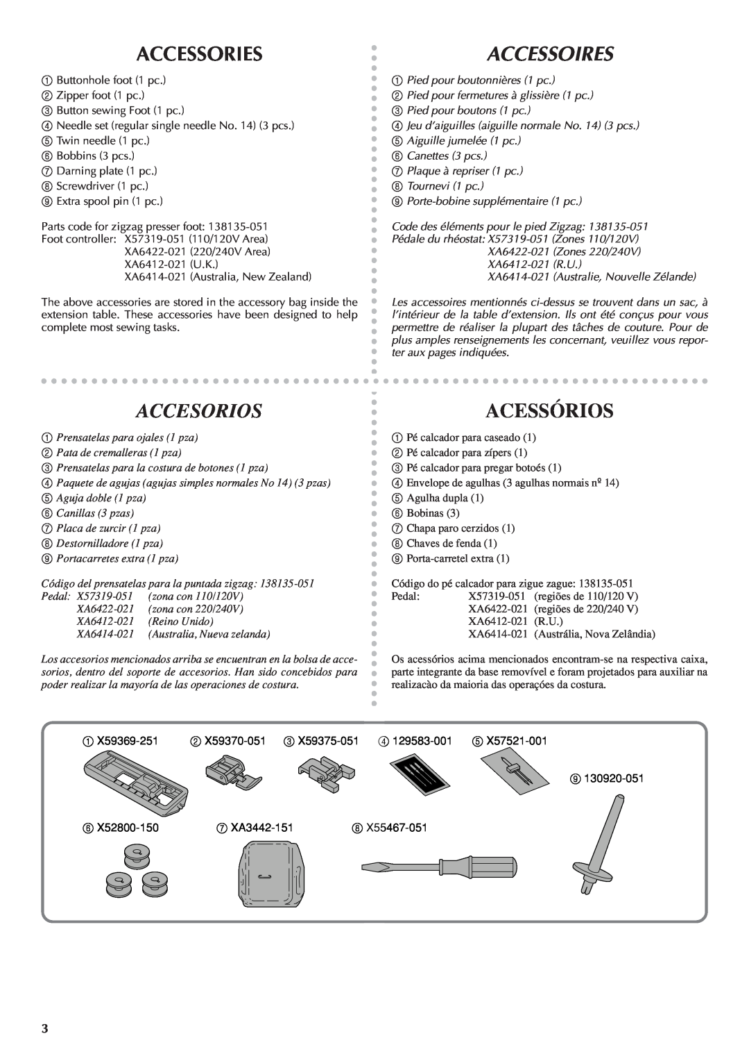 Brother LS 1520 instruction manual Accessories, Accesorios, Acessórios, Accessoires 
