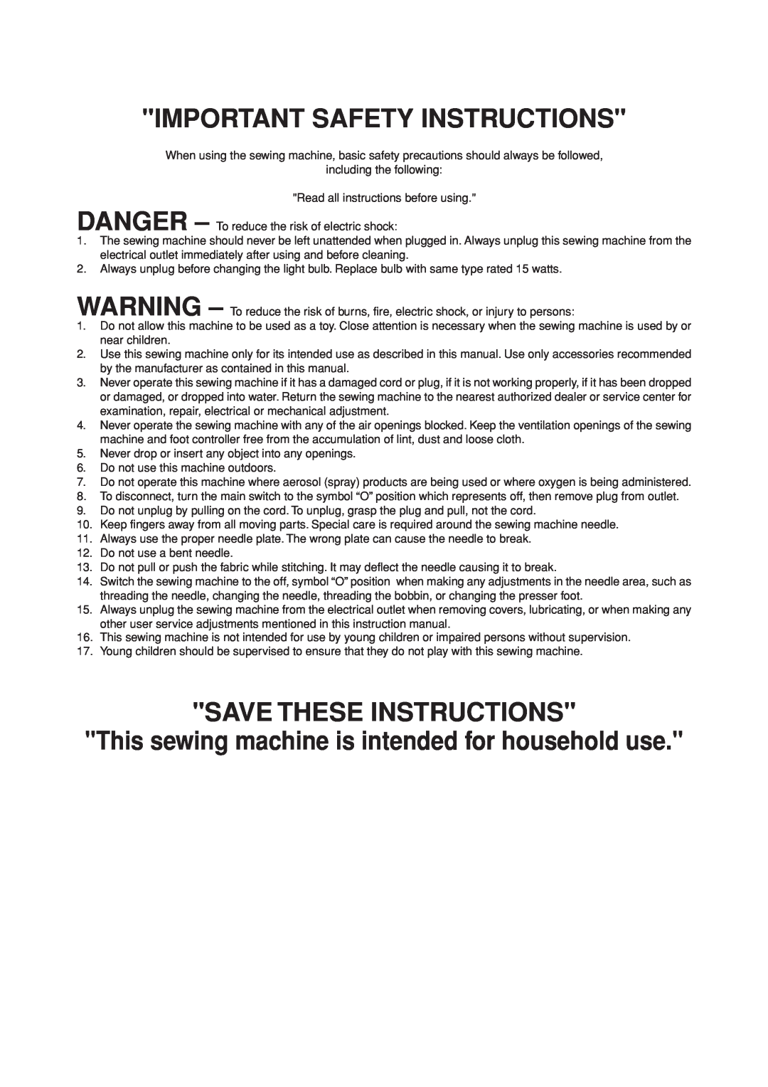 Brother LS 1520 Important Safety Instructions, Save These Instructions, This sewing machine is intended for household use 