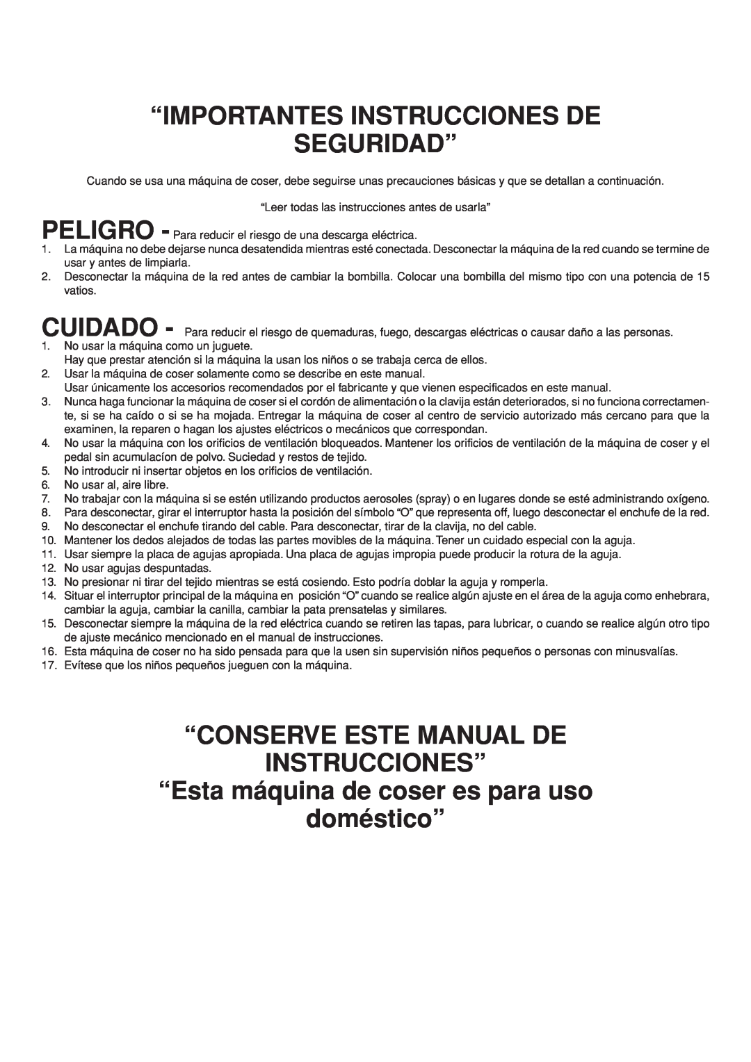 Brother LS 1520 instruction manual “Importantes Instrucciones De Seguridad”, “Conserve Este Manual De Instrucciones” 