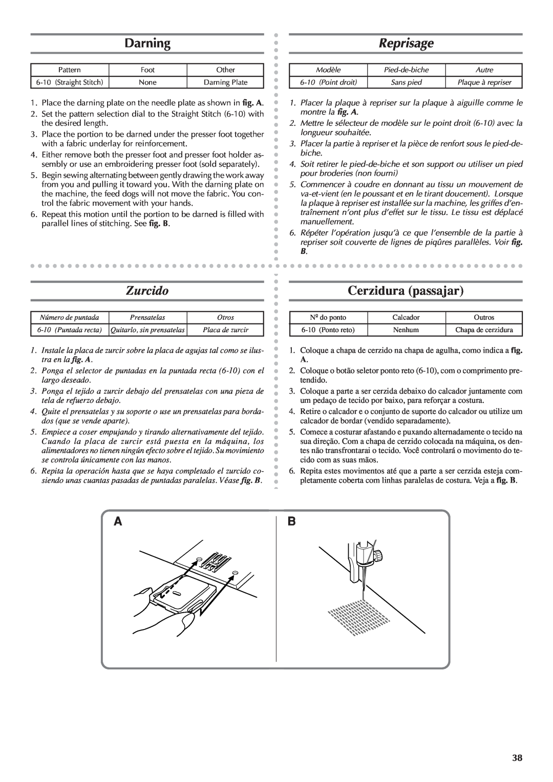 Brother LS 1520 instruction manual Darning, Reprisage, Zurcido, Cerzidura passajar 
