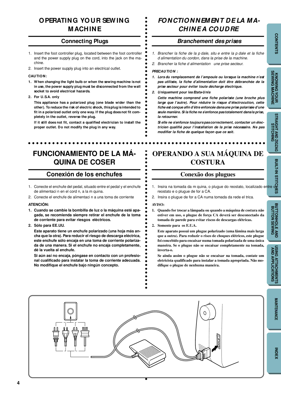 Brother LS-1717 Funcionamiento DE LA MÁ Quina DE Coser, Connecting Plugs, Conexión de los enchufes, Branchement des prises 