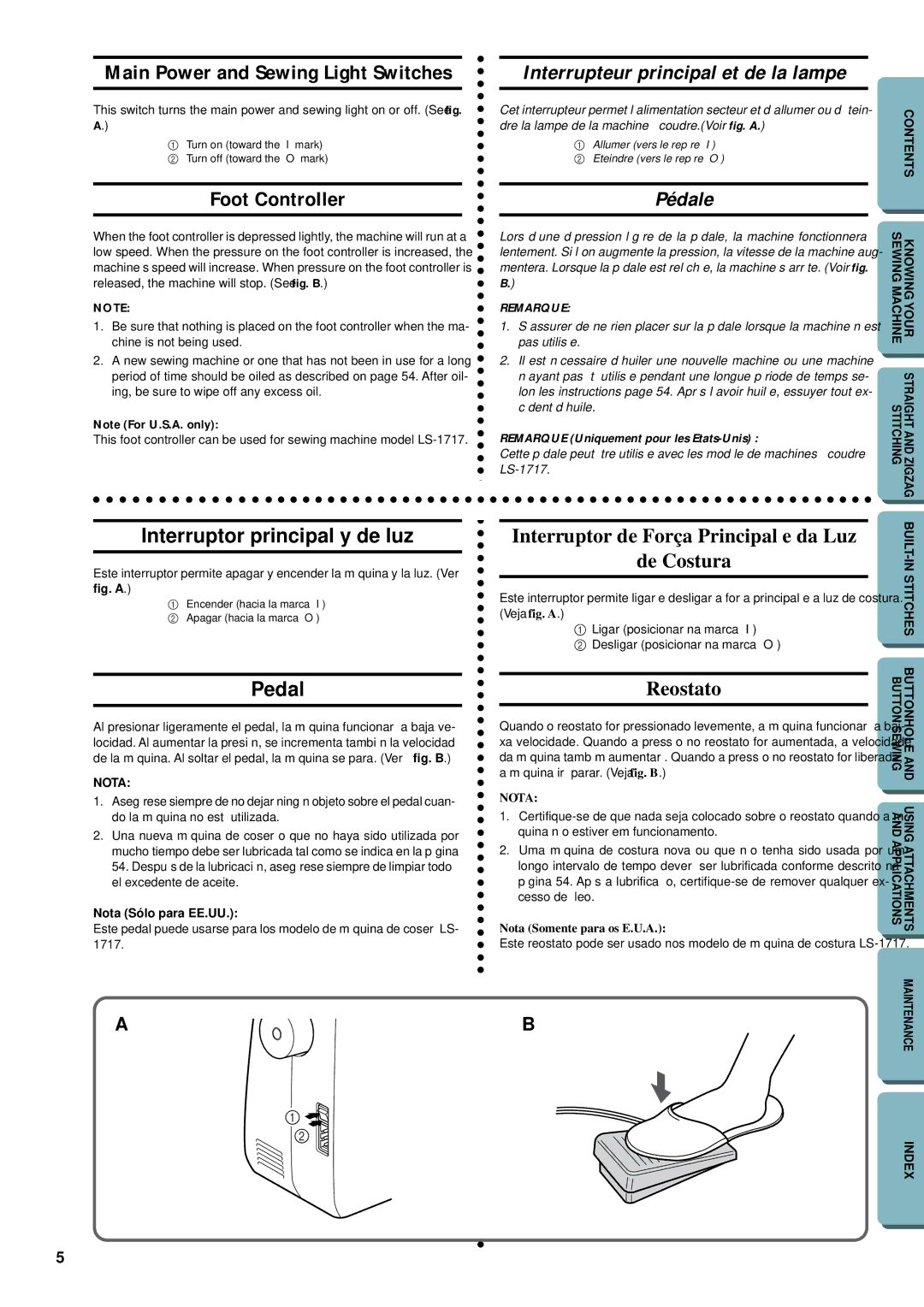 Brother LS-1717 Main Power and Sewing Light Switches, Foot Controller, Interruptor principal y de luz, Pedal 