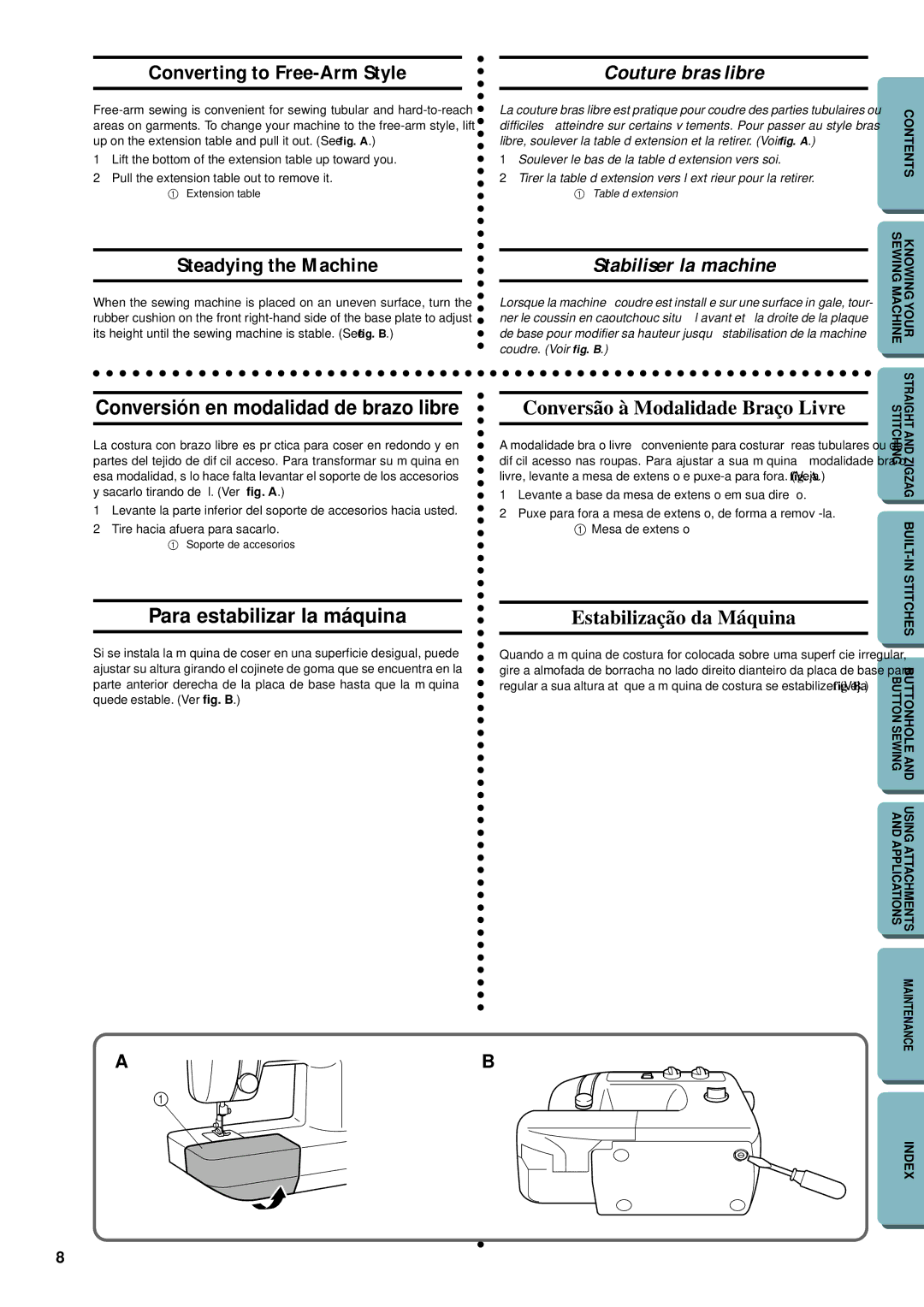 Brother LS-1717 instruction manual Couture bras libre, Stabiliser la machine, Conversión en modalidad de brazo libre 