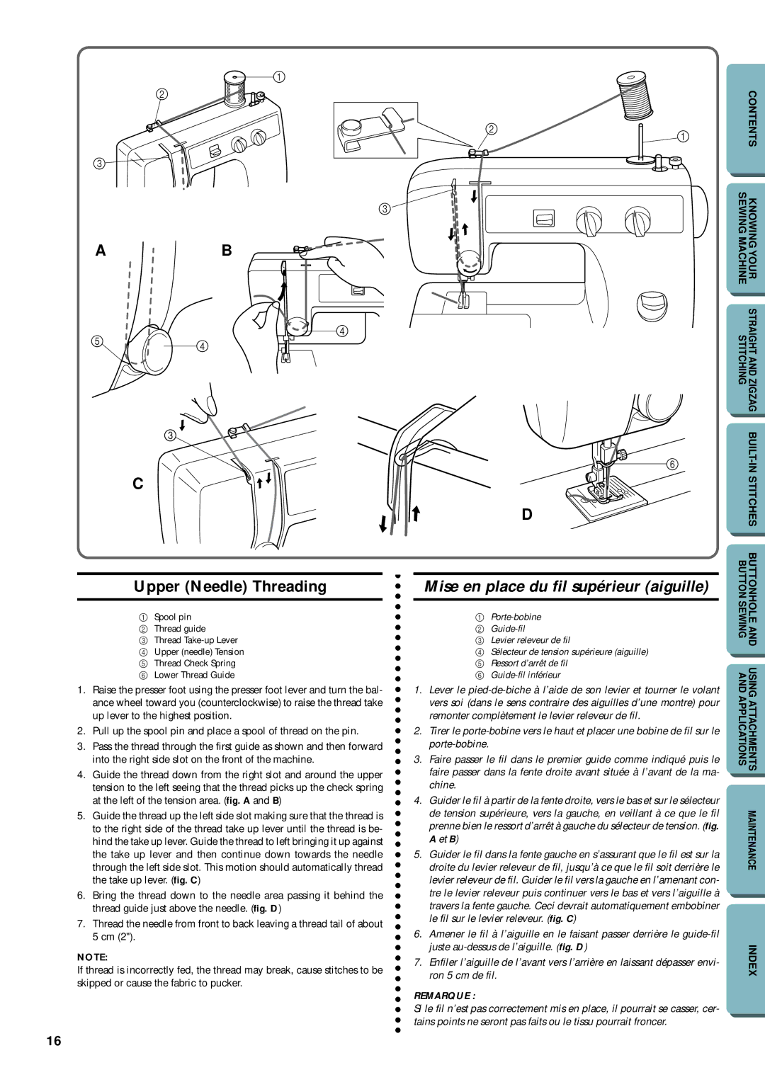 Brother LS-1717 instruction manual Upper Needle Threading, Mise en place du fil supérieur aiguille 