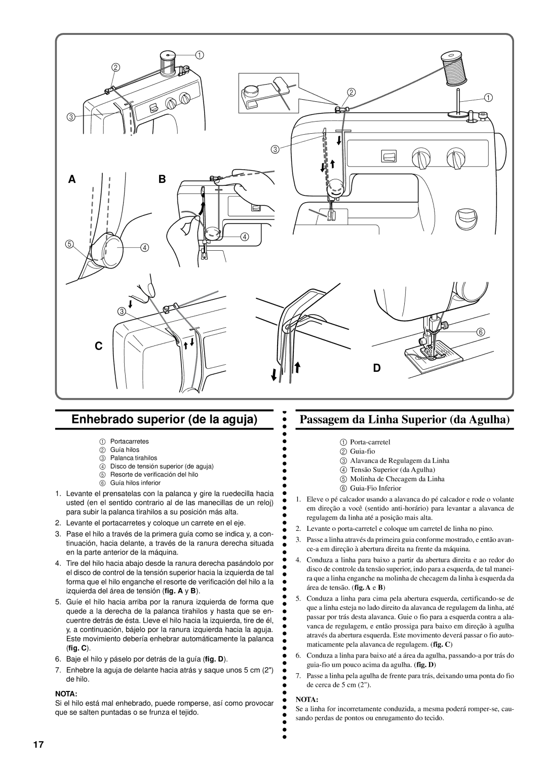 Brother LS-1717 instruction manual Enhebrado superior de la aguja, Passagem da Linha Superior da Agulha 