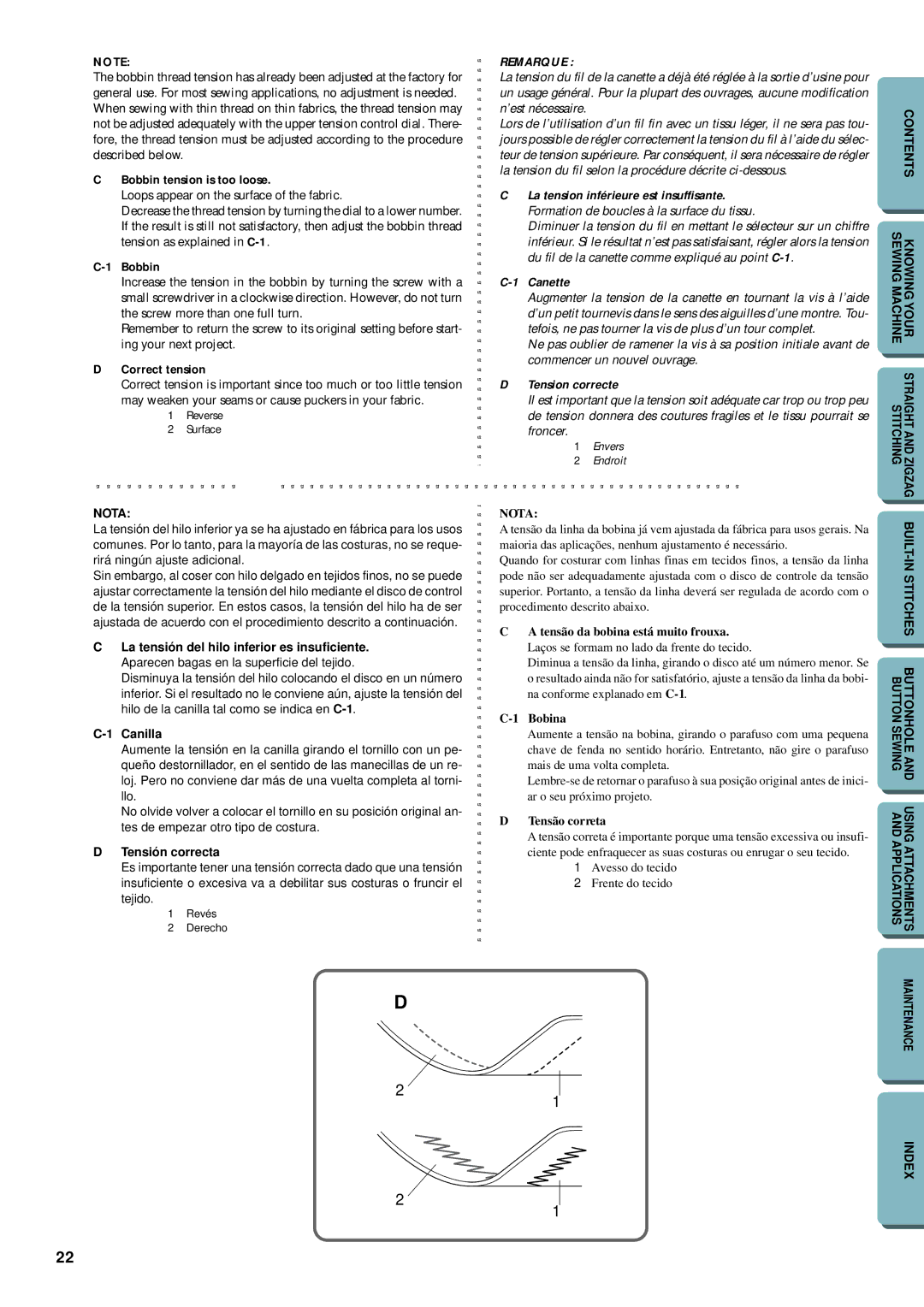 Brother LS-1717 instruction manual Canilla, Tensión correcta, Canette, Tension correcte 