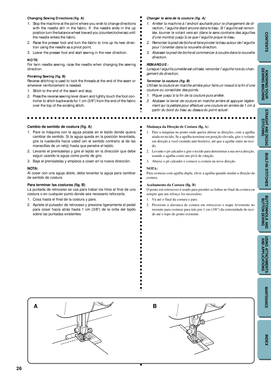 Brother LS-1717 Cambio de sentido de costura fig. a, Para terminar las costuras fig. B, Terminer la couture fig. B 