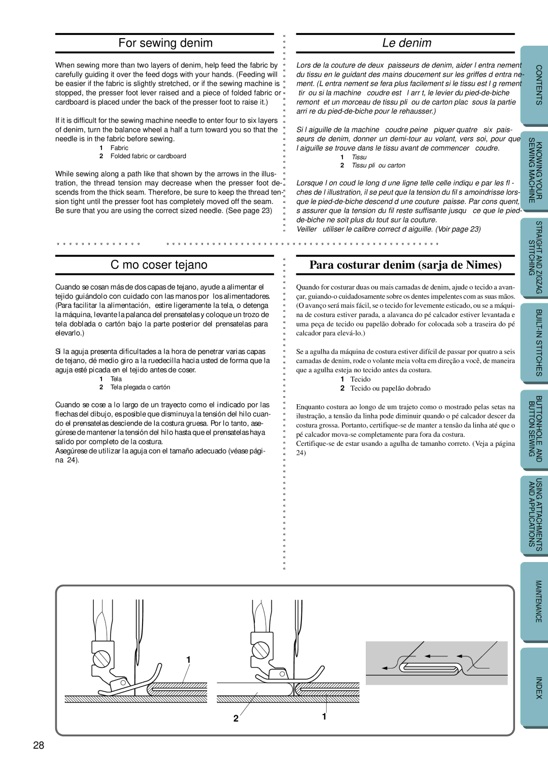 Brother LS-1717 instruction manual For sewing denim, Le denim, Cómo coser tejano, Para costurar denim sarja de Nimes 